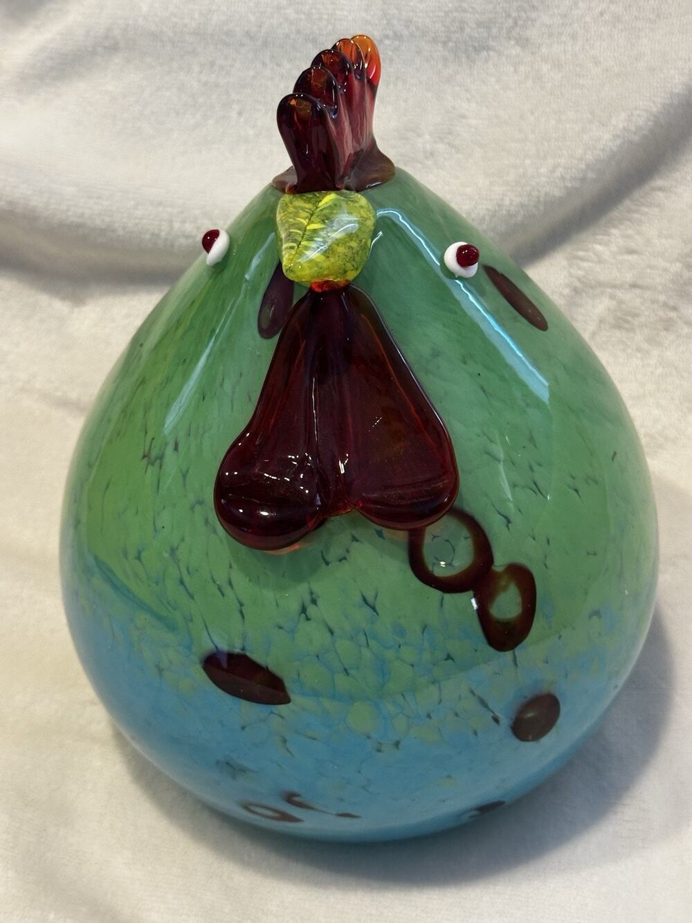 1980s Italian Turquoise Blue and Green Murano Glass Round Rooster Sculpture 6x9”